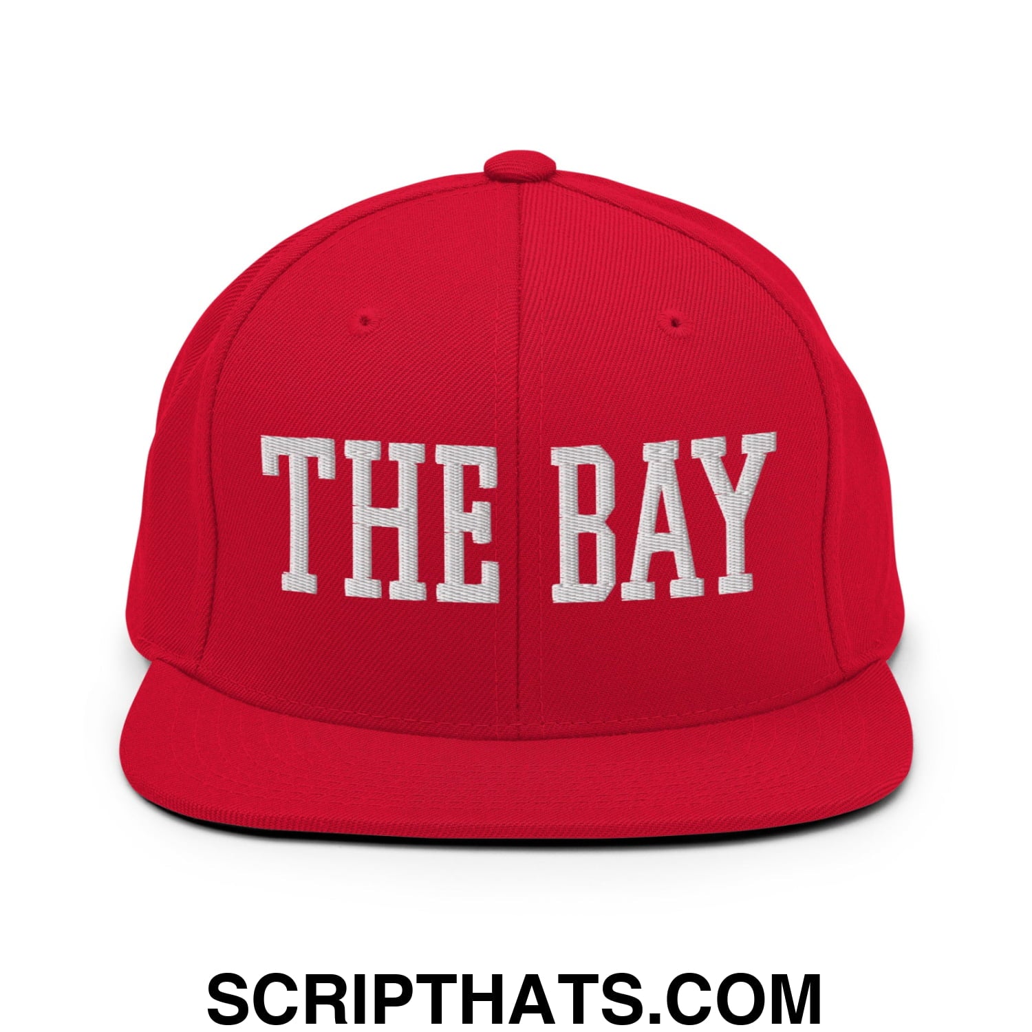 The Bay Varsity College Block Embroidered Flat Bill Brim Snapback Hat Red