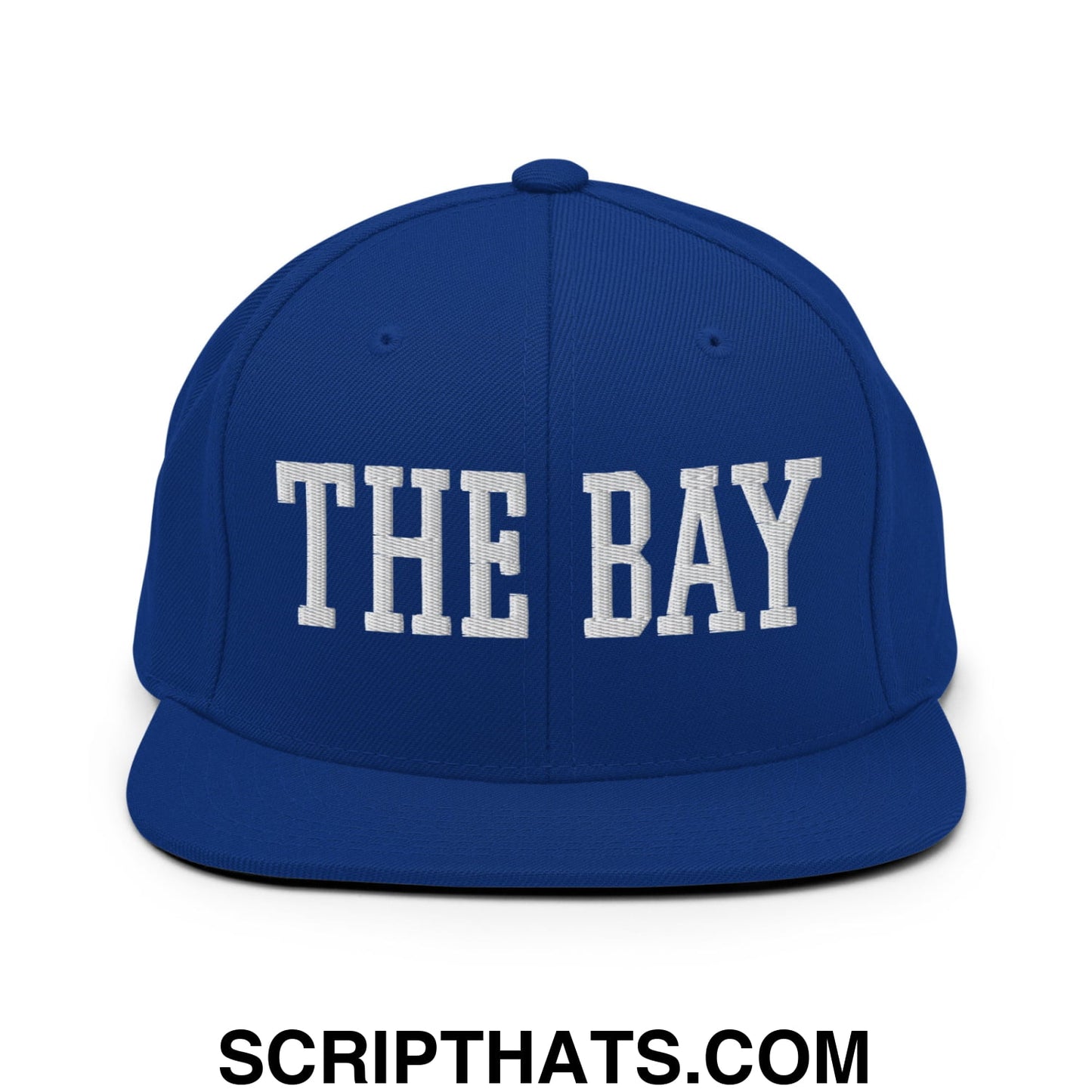 The Bay Varsity College Block Embroidered Flat Bill Brim Snapback Hat Royal Blue