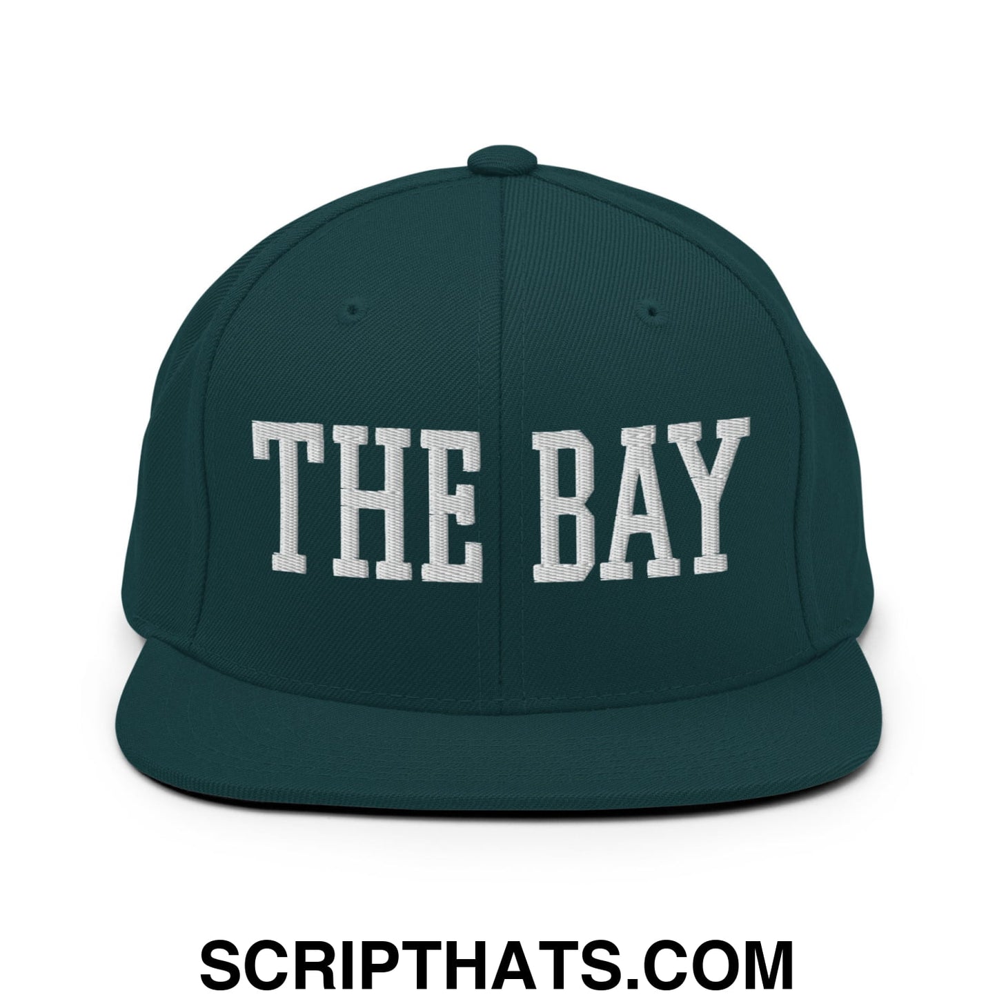 The Bay Varsity College Block Embroidered Flat Bill Brim Snapback Hat Spruce