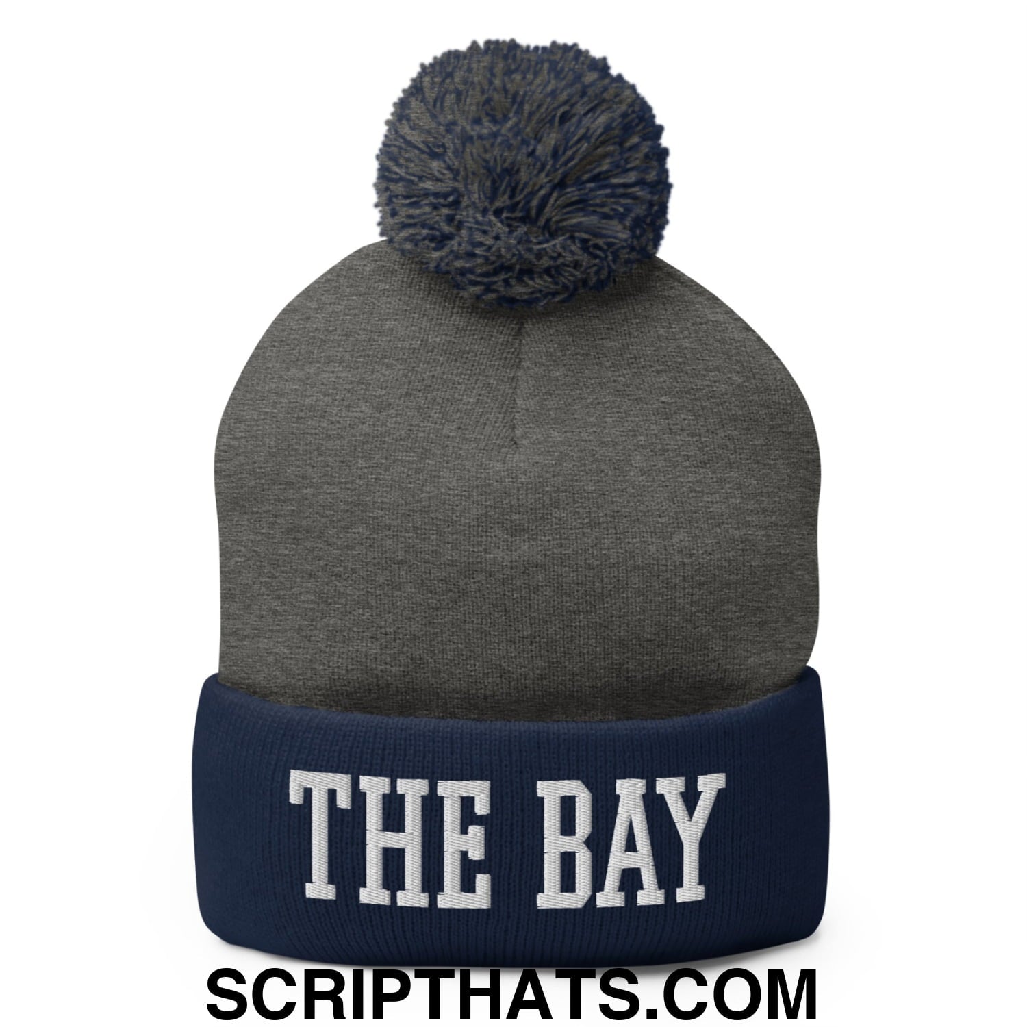 The Bay Varsity College Block Embroidered Knit Pom Pom Beanie Dark Heather Grey Navy