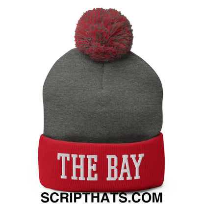 The Bay Varsity College Block Embroidered Knit Pom Pom Beanie Dark Heather Grey Red
