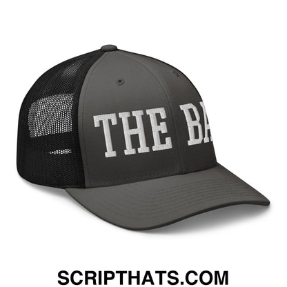 The Bay Varsity College Block Embroidered Mesh Trucker Hat Charcoal Black