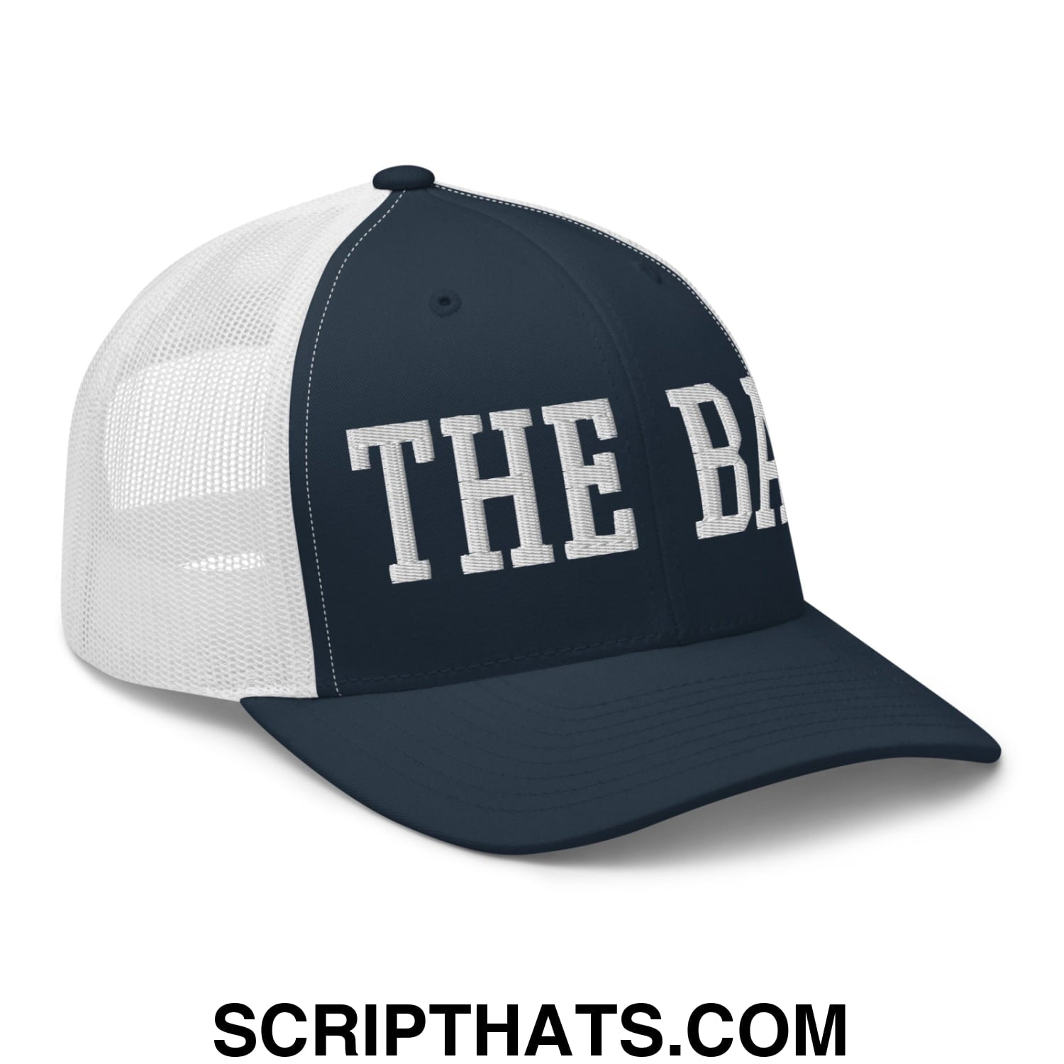 The Bay Varsity College Block Embroidered Mesh Trucker Hat Navy White