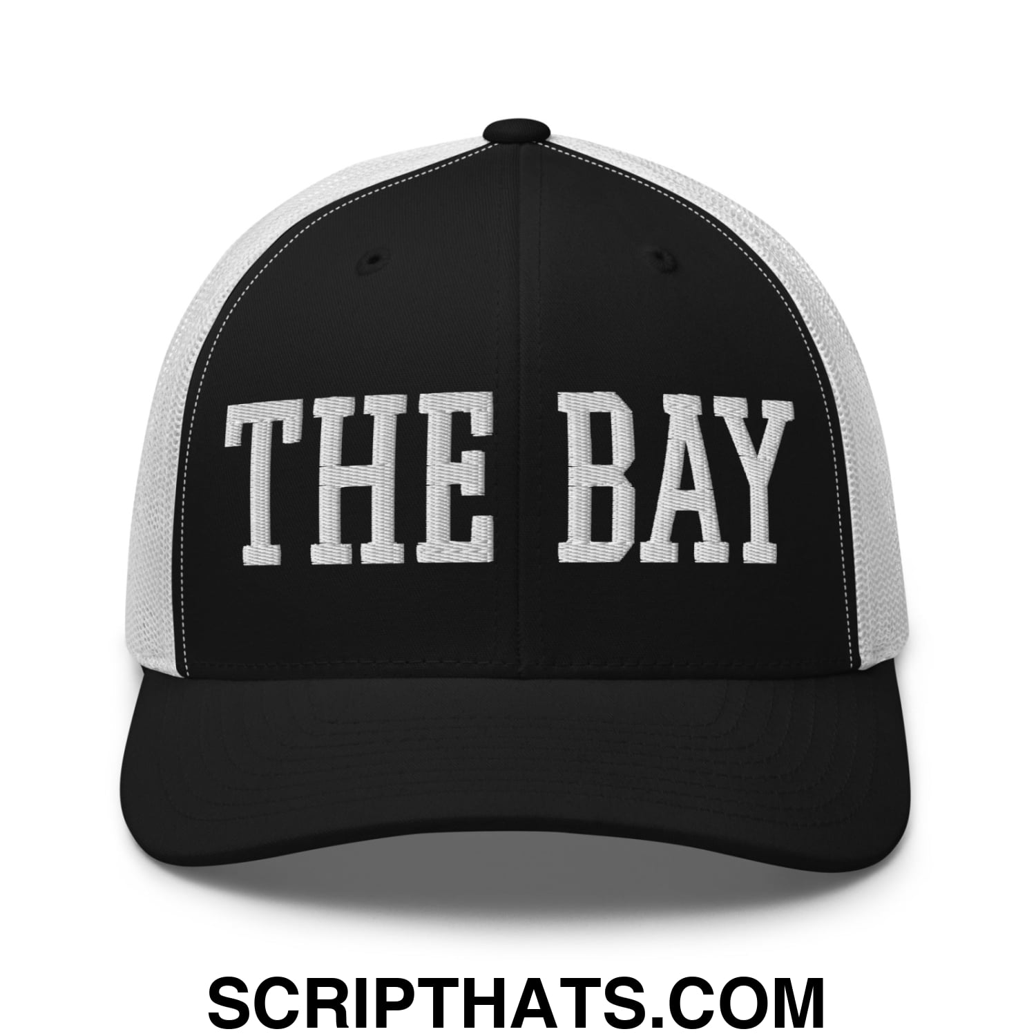 The Bay Varsity College Block Embroidered Mesh Trucker Hat Black White