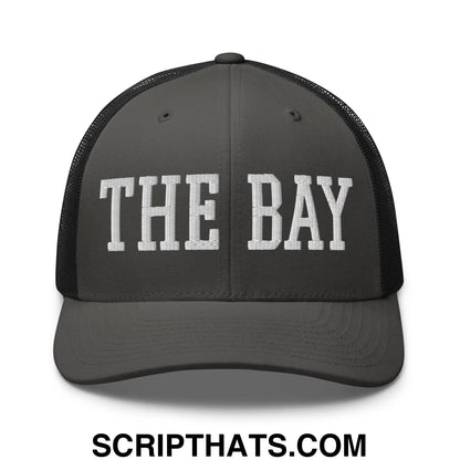 The Bay Varsity College Block Embroidered Mesh Trucker Hat Charcoal Black