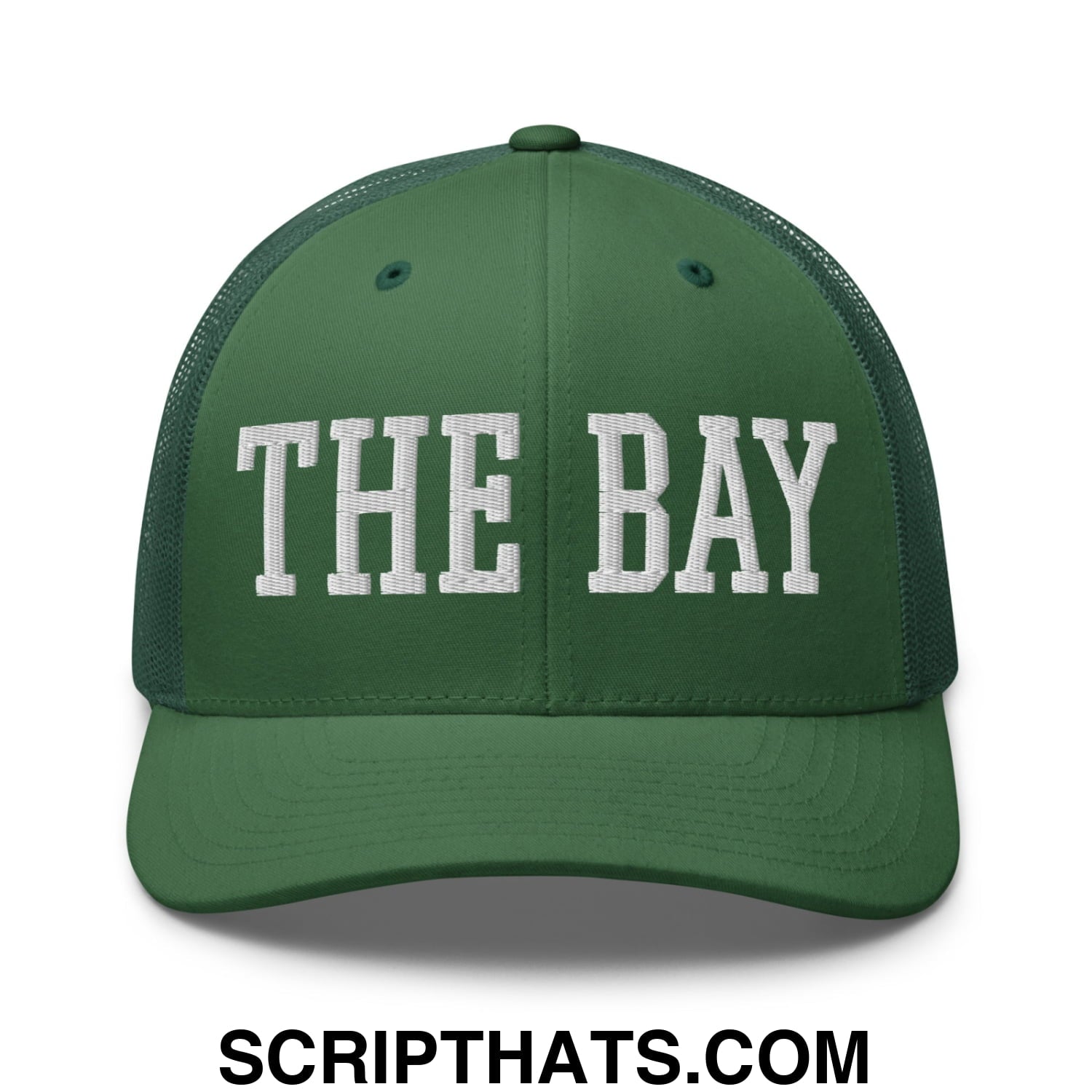 The Bay Varsity College Block Embroidered Mesh Trucker Hat Evergreen