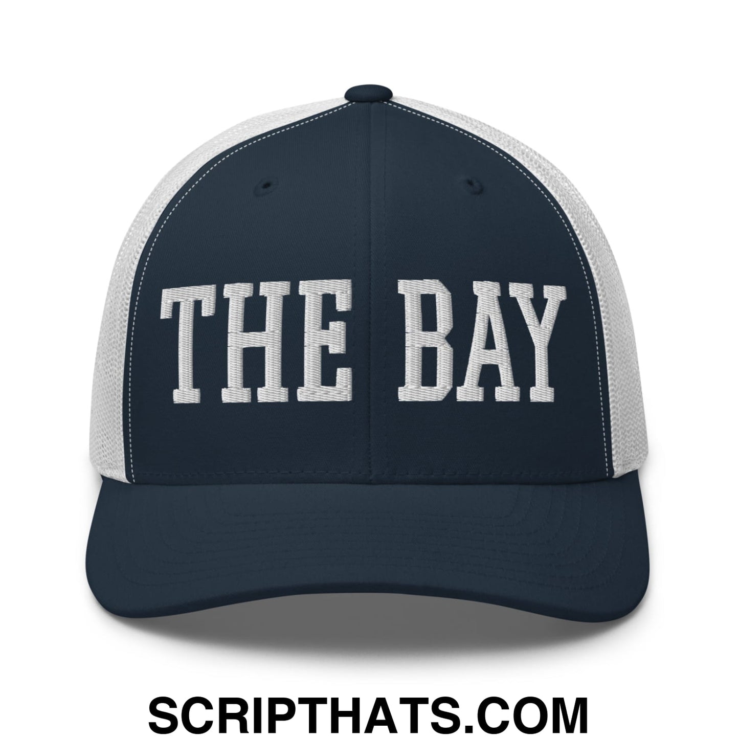 The Bay Varsity College Block Embroidered Mesh Trucker Hat Navy White