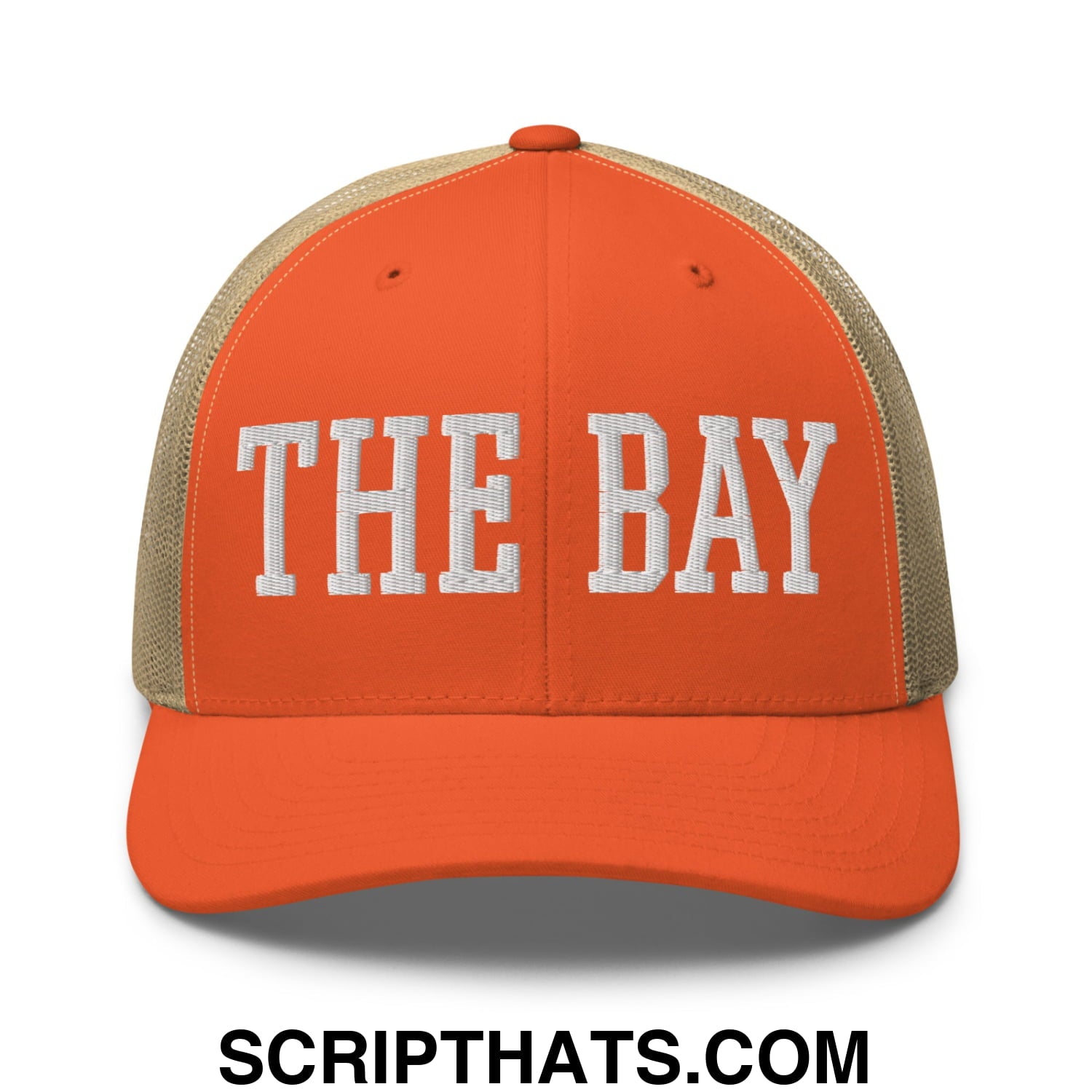 The Bay Varsity College Block Embroidered Mesh Trucker Hat Rustic Orange Khaki