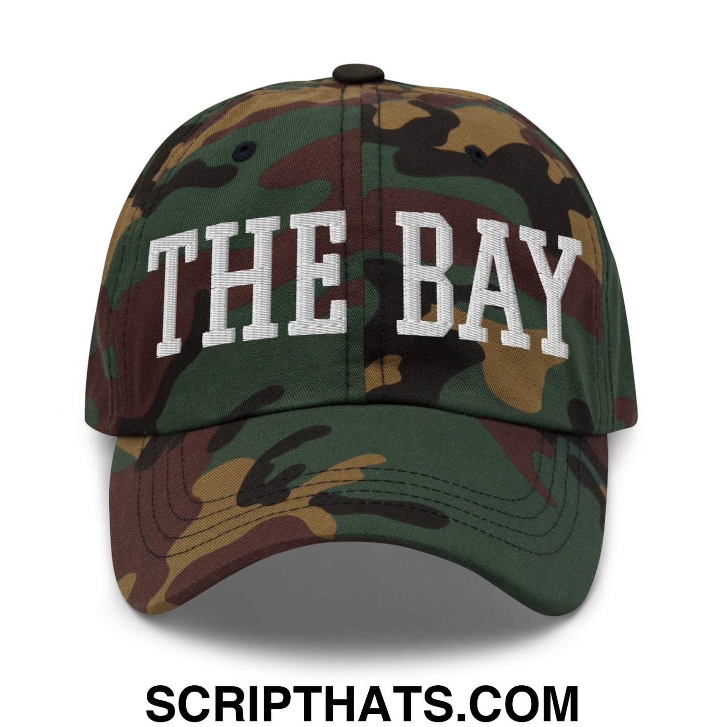 The Bay Varsity College Block Embroidered Unstructured Dad Hat Green Camo