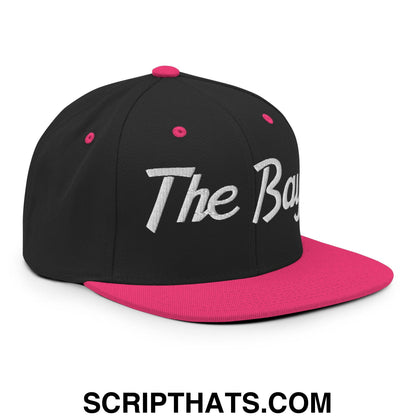The Bay Vintage Sports Script Embroidered Flat Bill Brim Snapback Hat Black Neon Pink