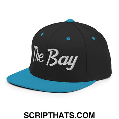 The Bay Vintage Sports Script Embroidered Flat Bill Brim Snapback Hat Black Teal