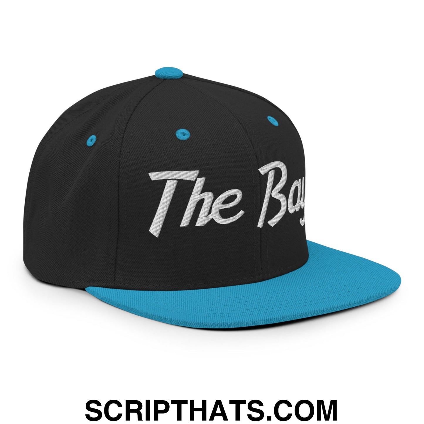 The Bay Vintage Sports Script Embroidered Flat Bill Brim Snapback Hat Black Teal