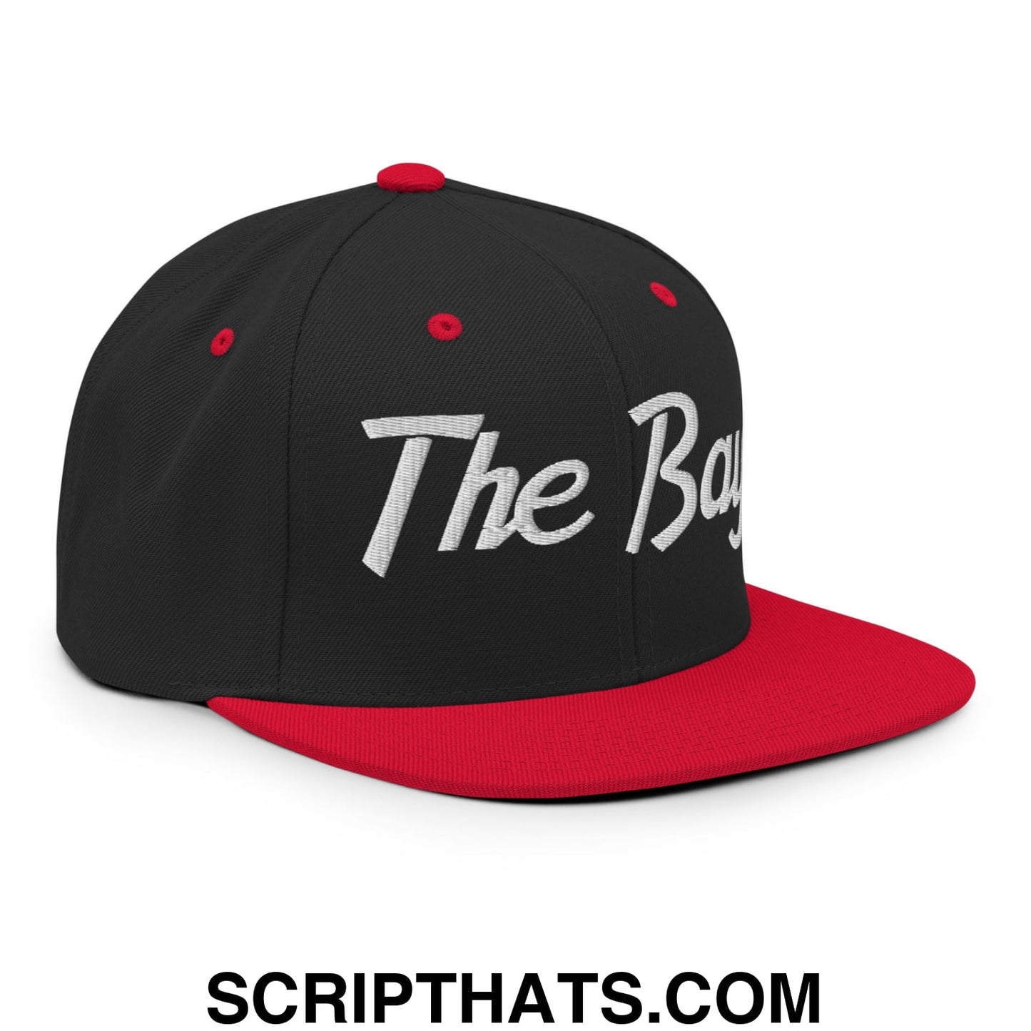 The Bay Vintage Sports Script Embroidered Flat Bill Brim Snapback Hat Black Red