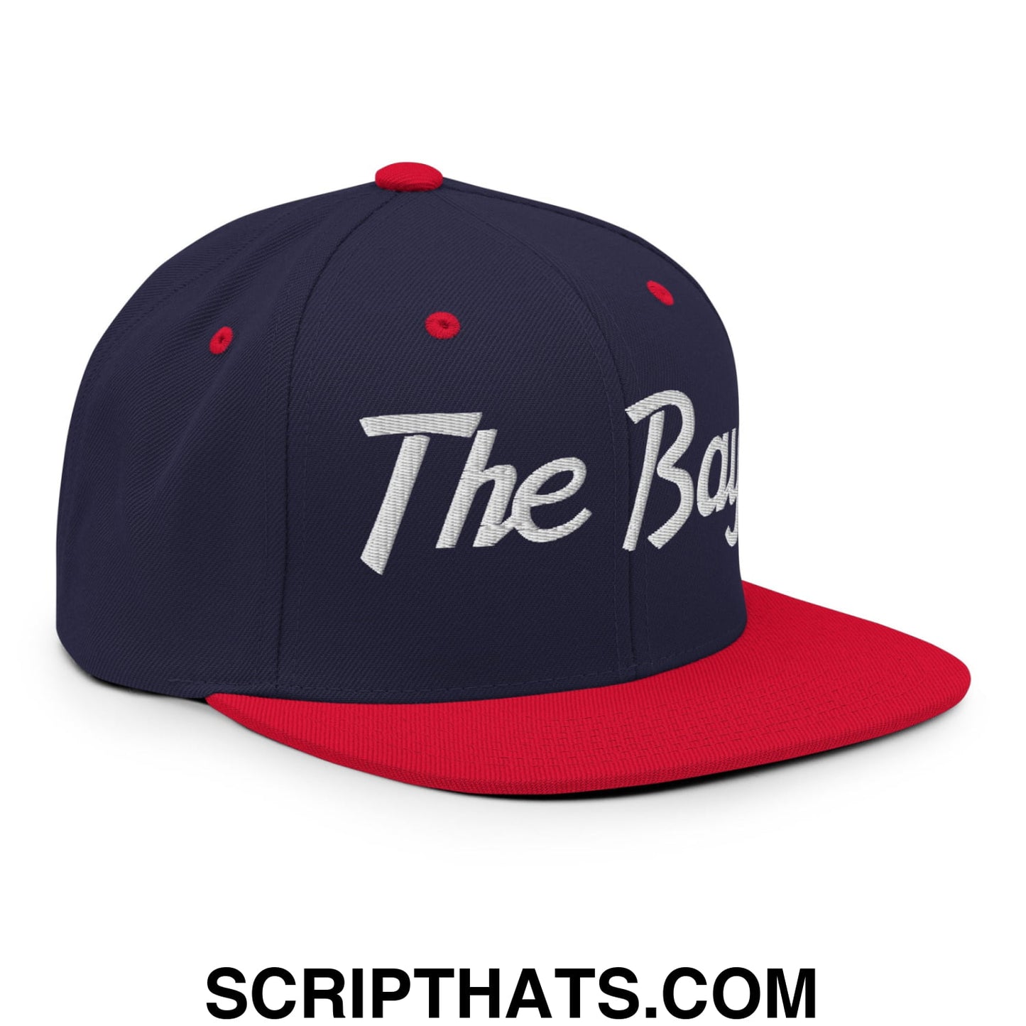 The Bay Vintage Sports Script Embroidered Flat Bill Brim Snapback Hat Navy Red