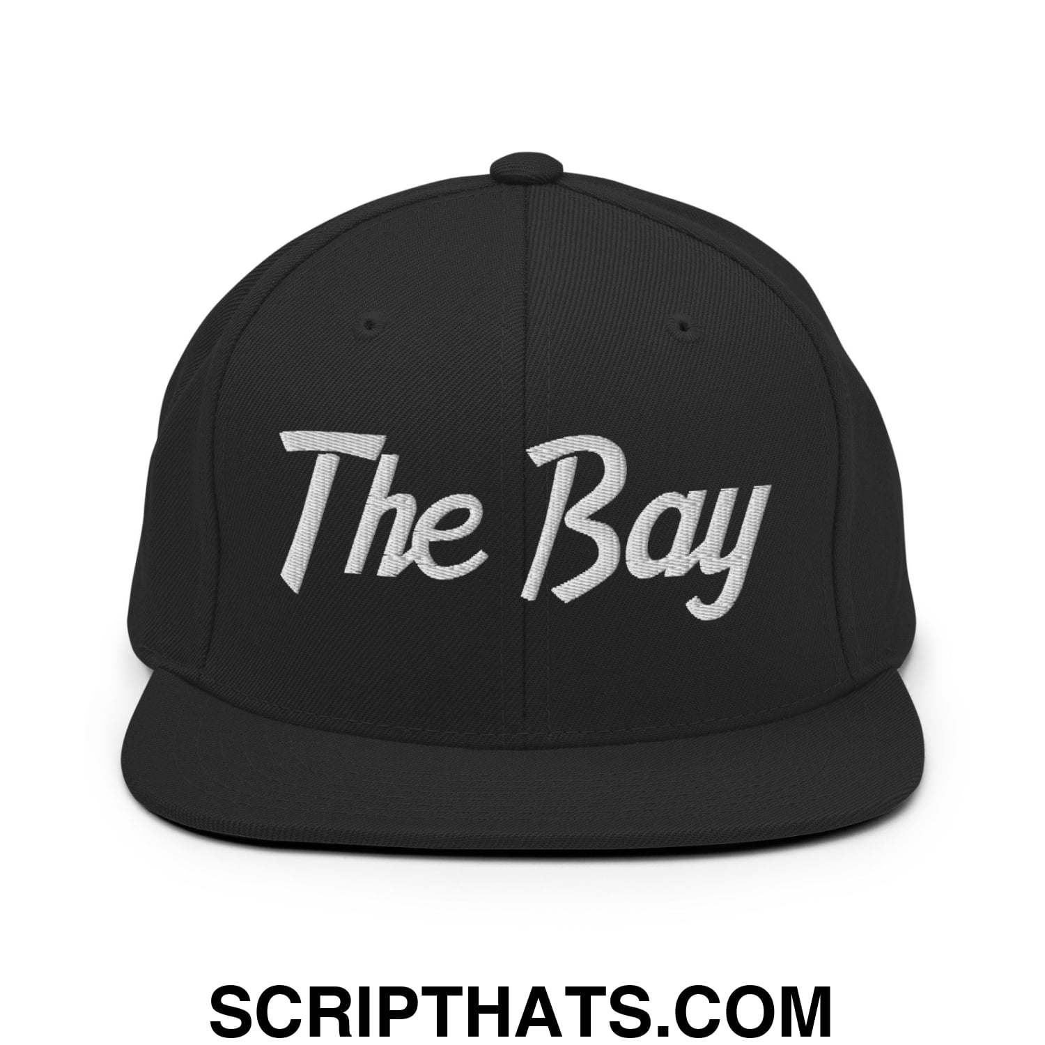 The Bay Vintage Sports Script Embroidered Flat Bill Brim Snapback Hat Black