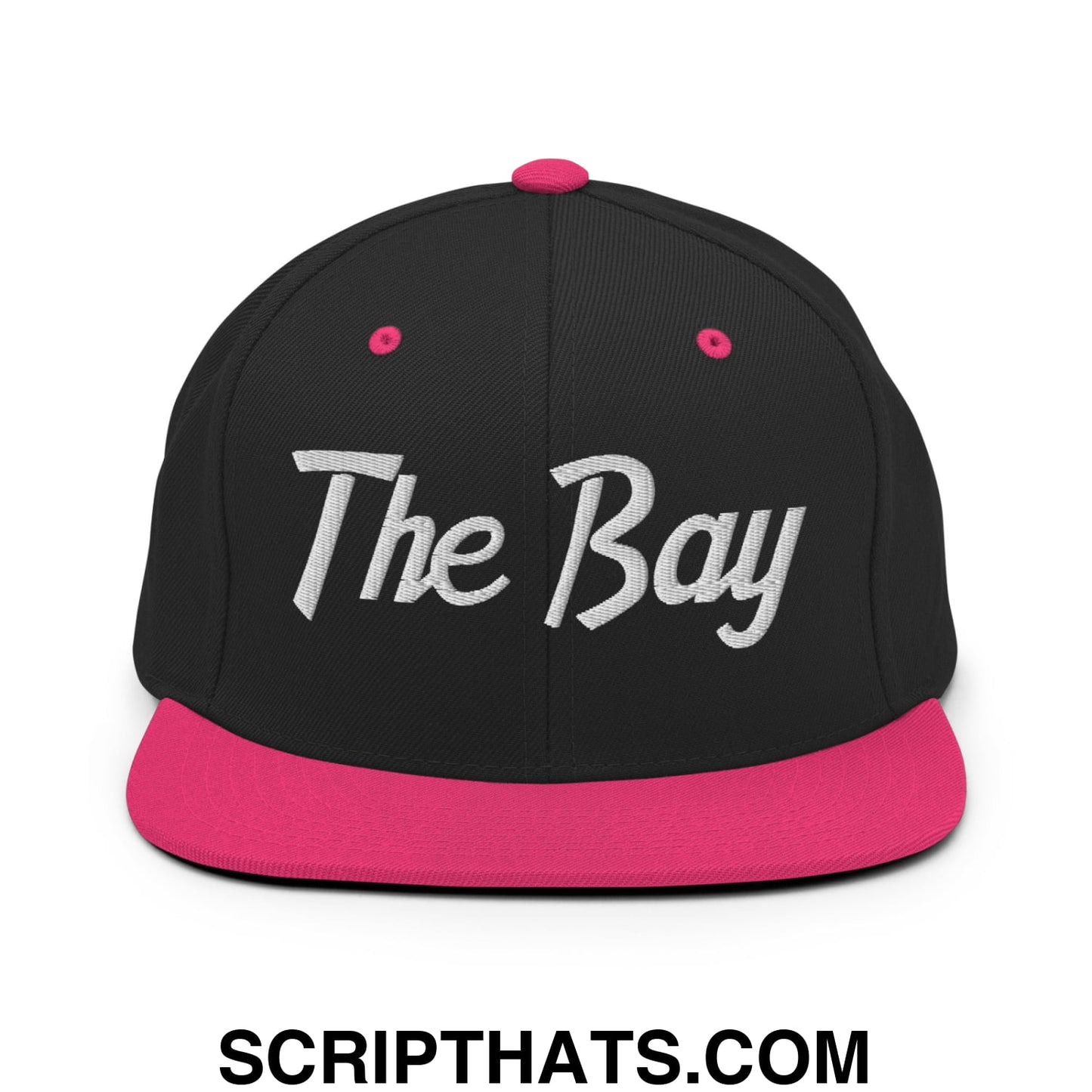 The Bay Vintage Sports Script Embroidered Flat Bill Brim Snapback Hat Black Neon Pink