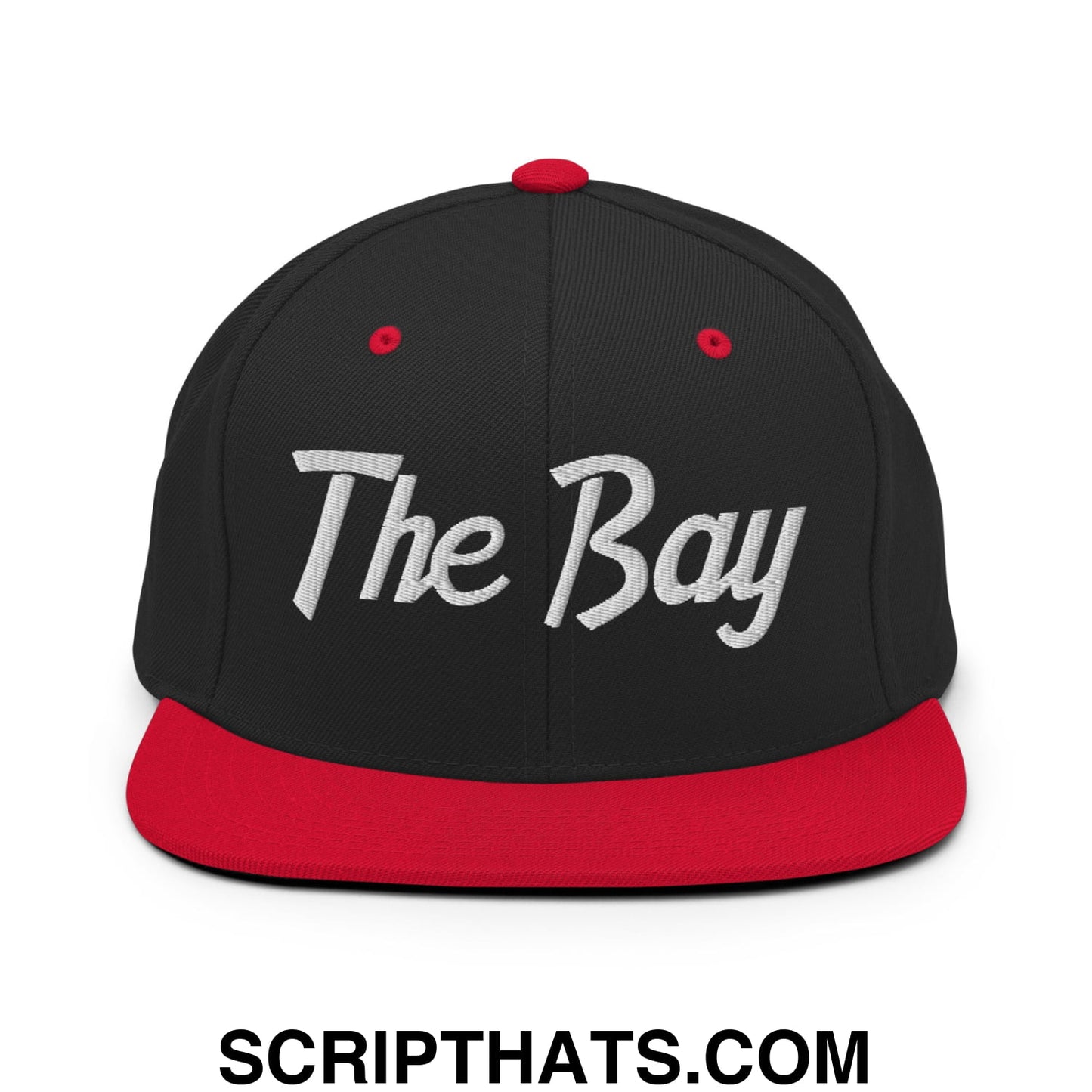 The Bay Vintage Sports Script Embroidered Flat Bill Brim Snapback Hat Black Red