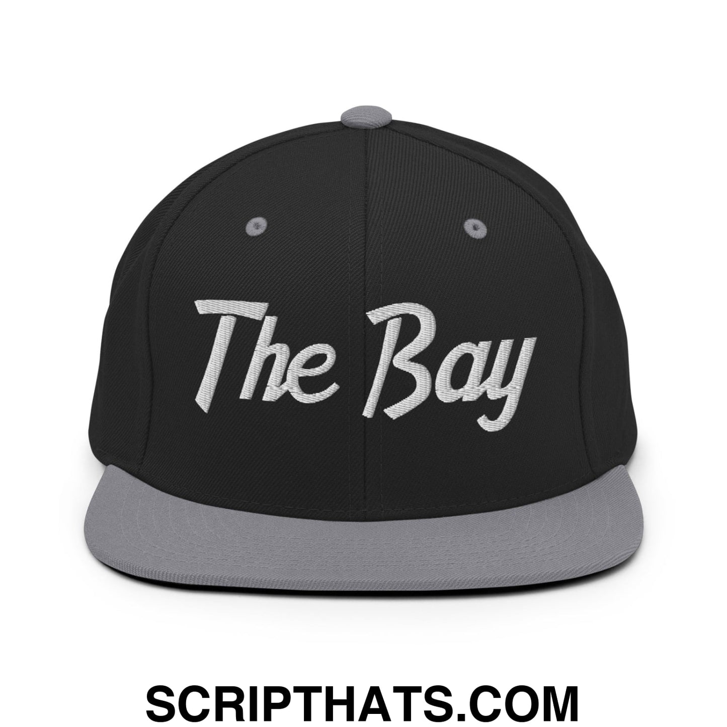 The Bay Vintage Sports Script Embroidered Flat Bill Brim Snapback Hat Black Silver
