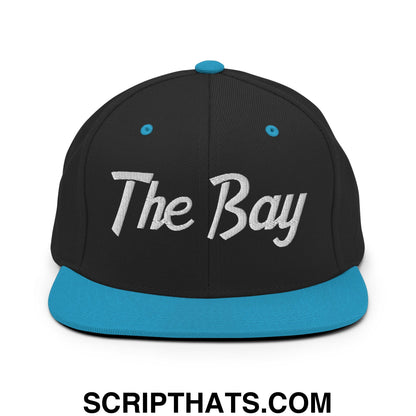The Bay Vintage Sports Script Embroidered Flat Bill Brim Snapback Hat Black Teal