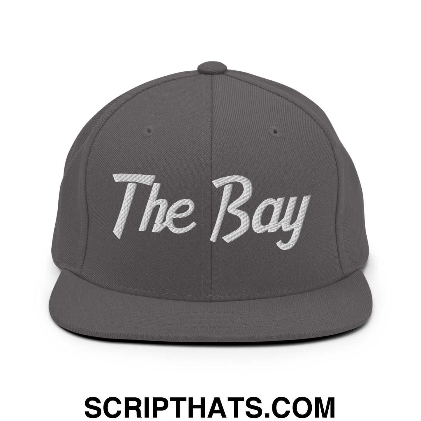 The Bay Vintage Sports Script Embroidered Flat Bill Brim Snapback Hat Dark Grey