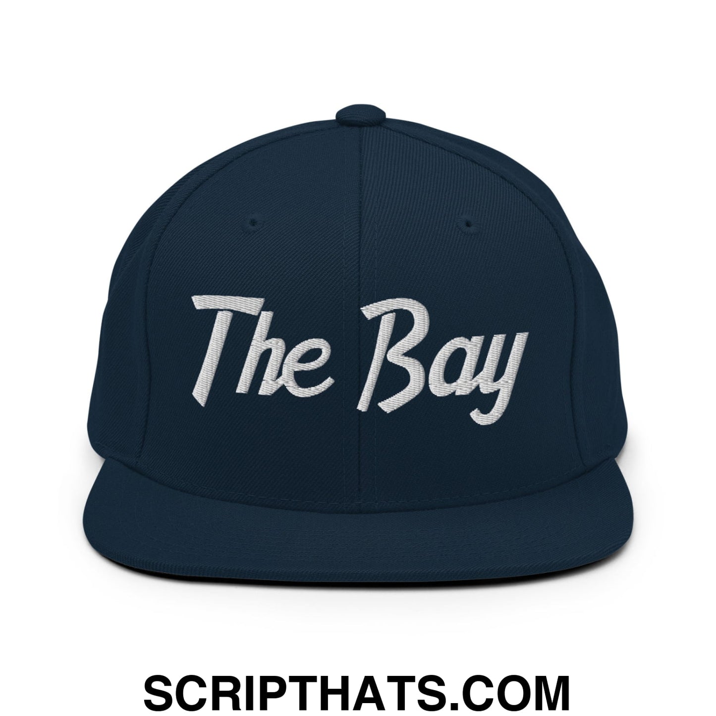 The Bay Vintage Sports Script Embroidered Flat Bill Brim Snapback Hat Dark Navy