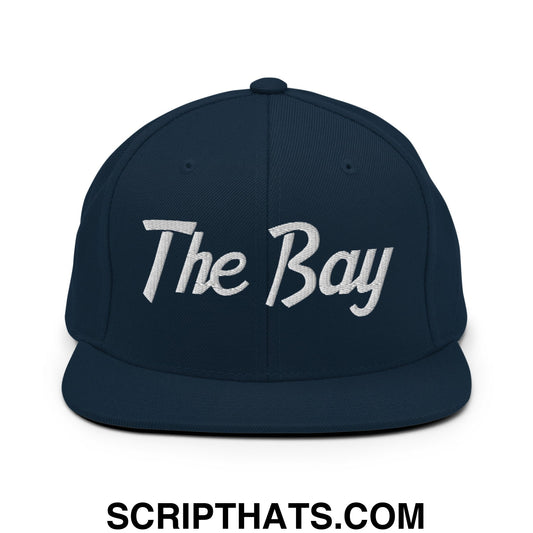 The Bay Vintage Sports Script Embroidered Flat Bill Brim Snapback Hat Dark Navy