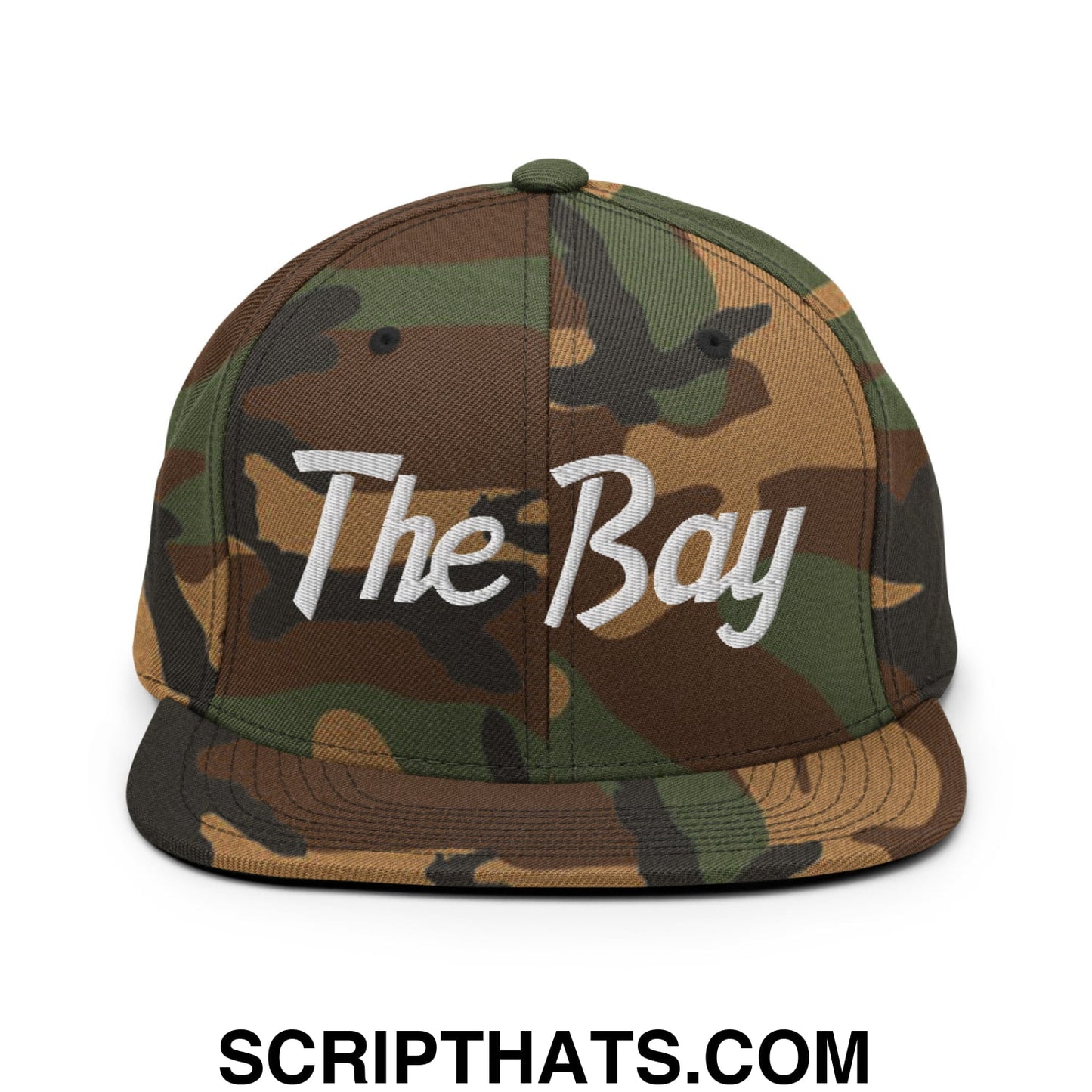 The Bay Vintage Sports Script Embroidered Flat Bill Brim Snapback Hat Green Camo