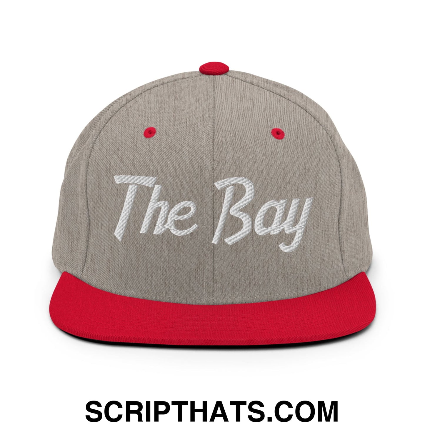 The Bay Vintage Sports Script Embroidered Flat Bill Brim Snapback Hat Heather Grey Red
