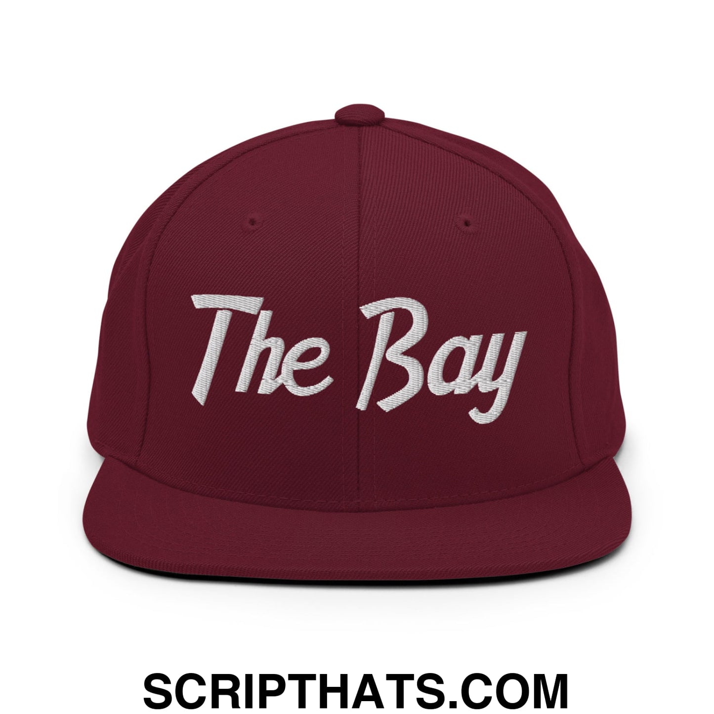 The Bay Vintage Sports Script Embroidered Flat Bill Brim Snapback Hat Maroon