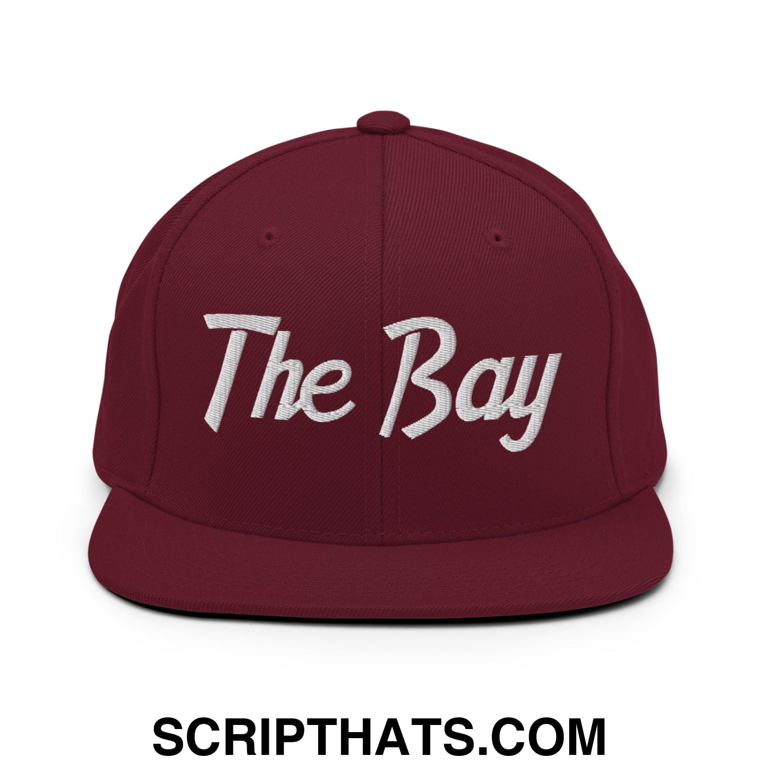The Bay Vintage Sports Script Embroidered Flat Bill Brim Snapback Hat Maroon