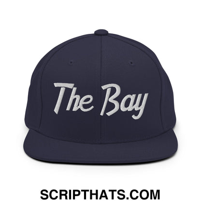 The Bay Vintage Sports Script Embroidered Flat Bill Brim Snapback Hat Navy