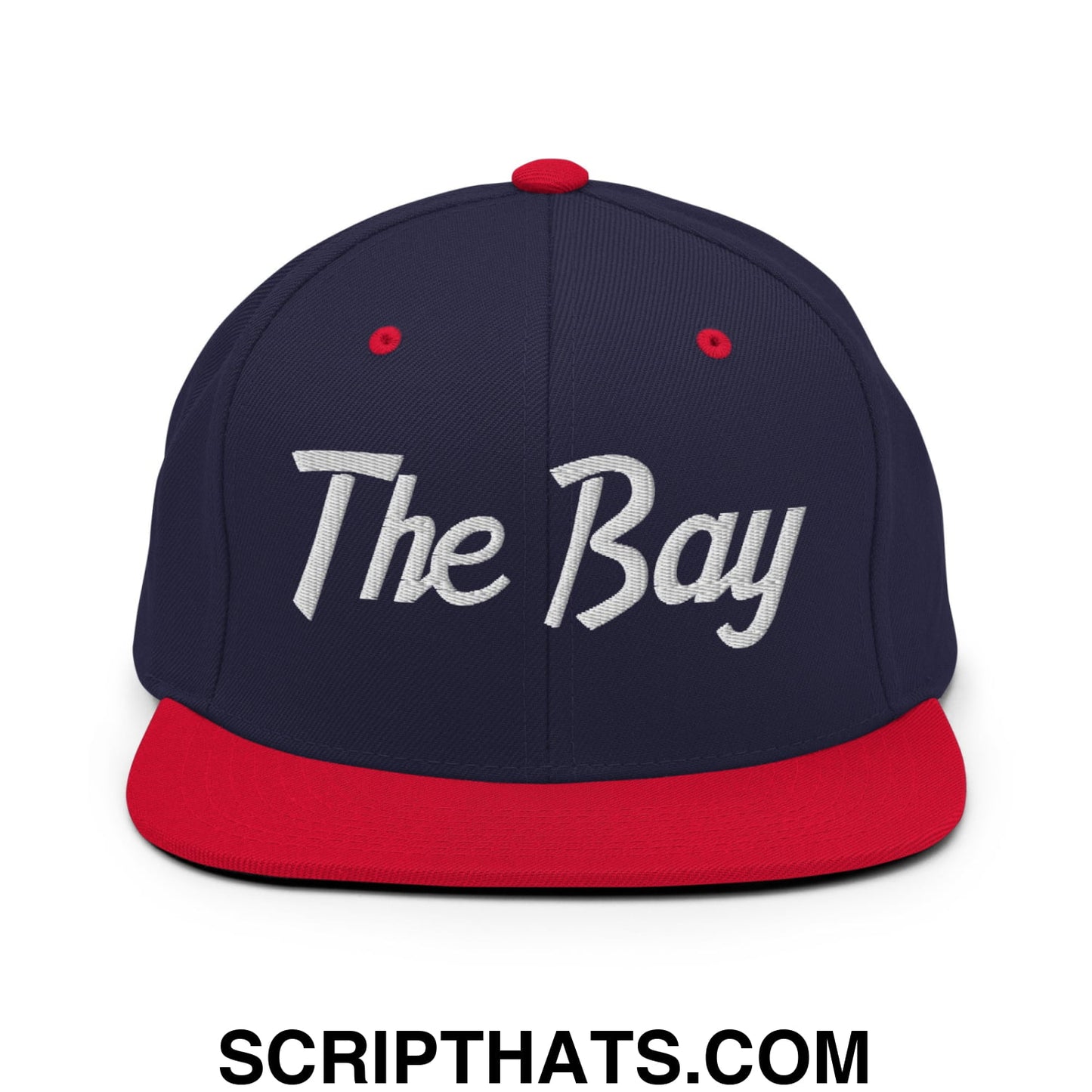 The Bay Vintage Sports Script Embroidered Flat Bill Brim Snapback Hat Navy Red