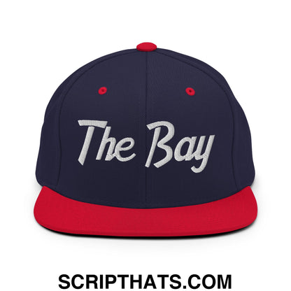The Bay Vintage Sports Script Embroidered Flat Bill Brim Snapback Hat Navy Red