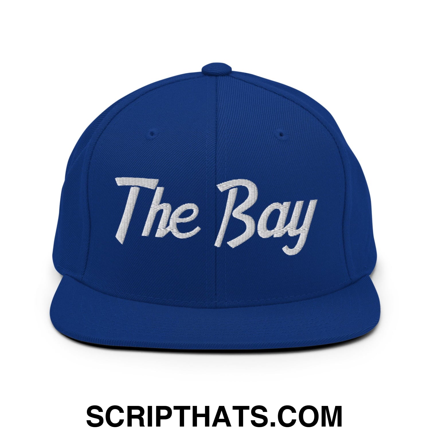 The Bay Vintage Sports Script Embroidered Flat Bill Brim Snapback Hat Royal Blue