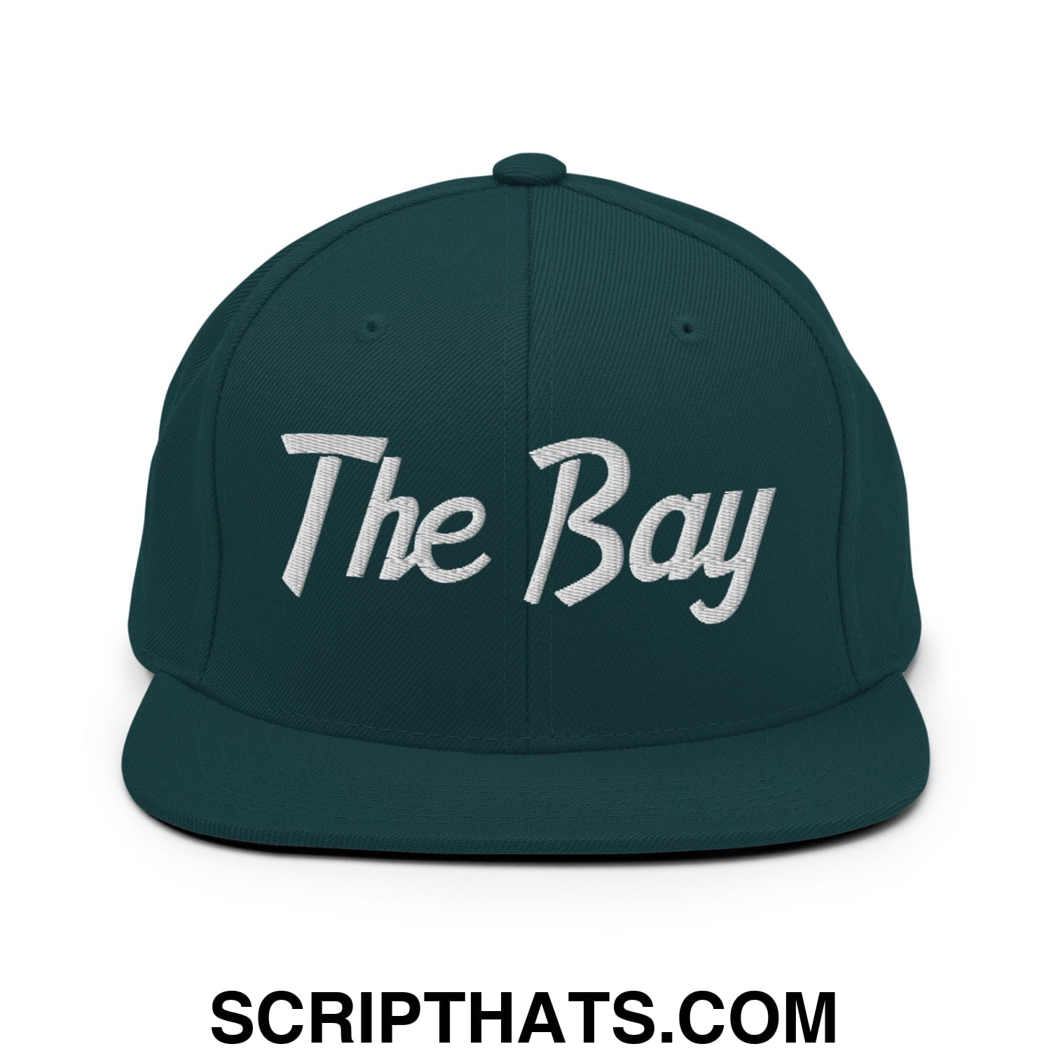 The Bay Vintage Sports Script Embroidered Flat Bill Brim Snapback Hat Spruce
