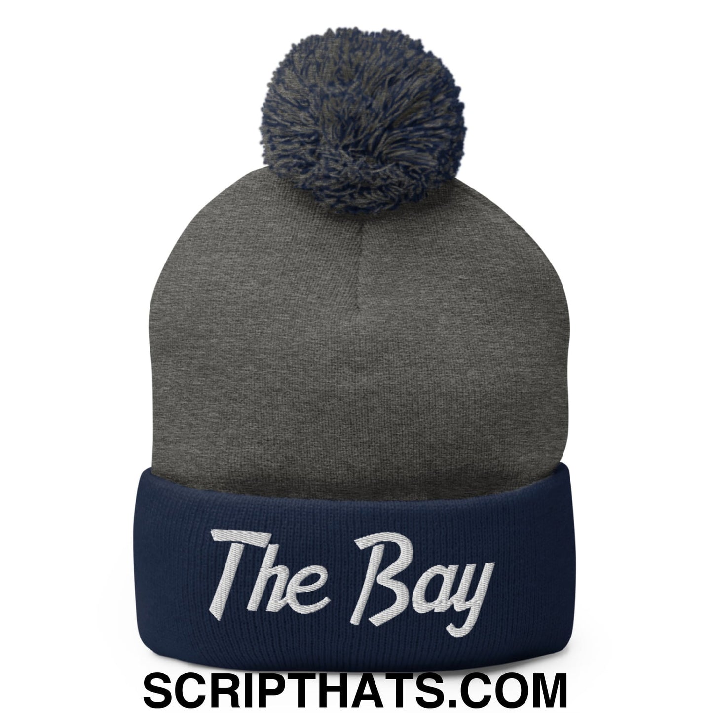 The Bay Vintage Sports Script Embroidered Knit Pom Pom Beanie Dark Heather Grey Navy