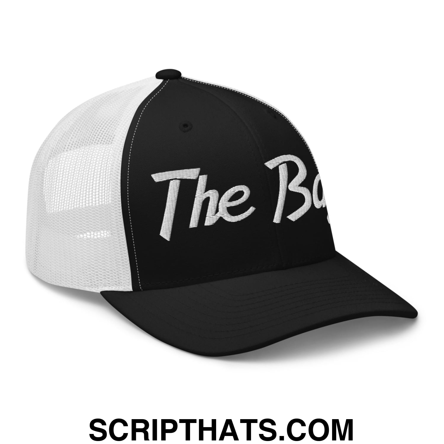 The Bay Vintage Sports Script Embroidered Mesh Trucker Hat Black White