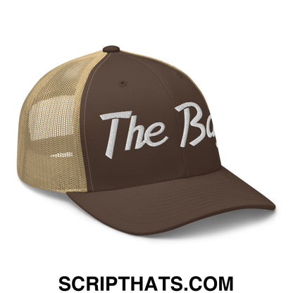 The Bay Vintage Sports Script Embroidered Mesh Trucker Hat Brown Khaki
