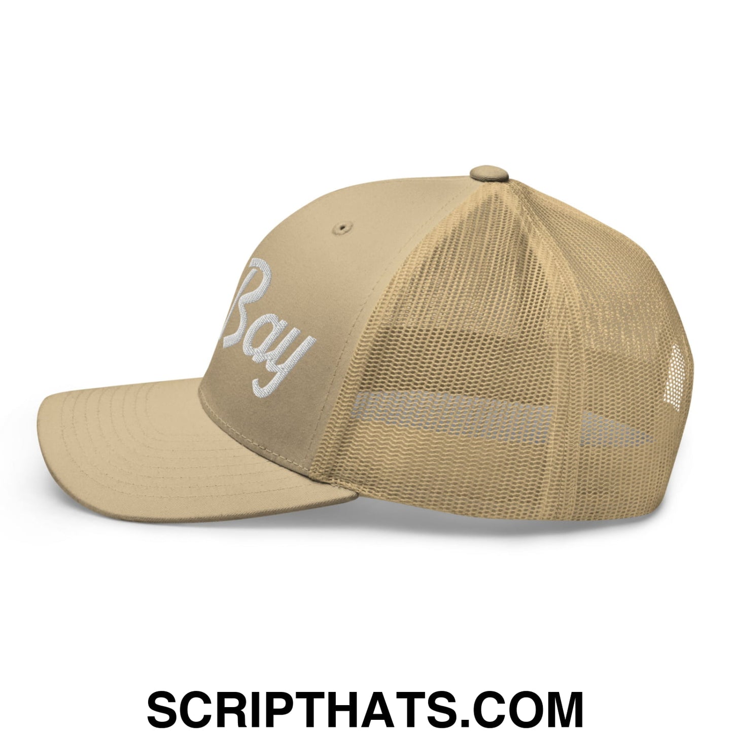 The Bay Vintage Sports Script Embroidered Mesh Trucker Hat Khaki