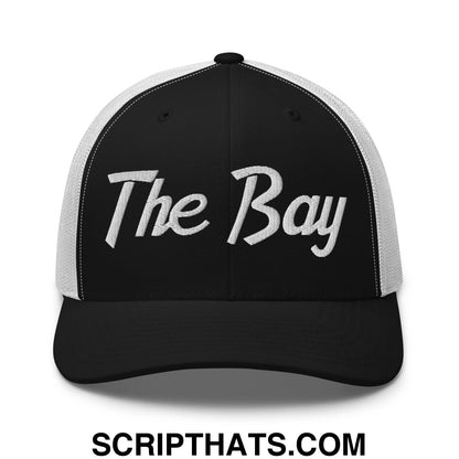 The Bay Vintage Sports Script Embroidered Mesh Trucker Hat Black White