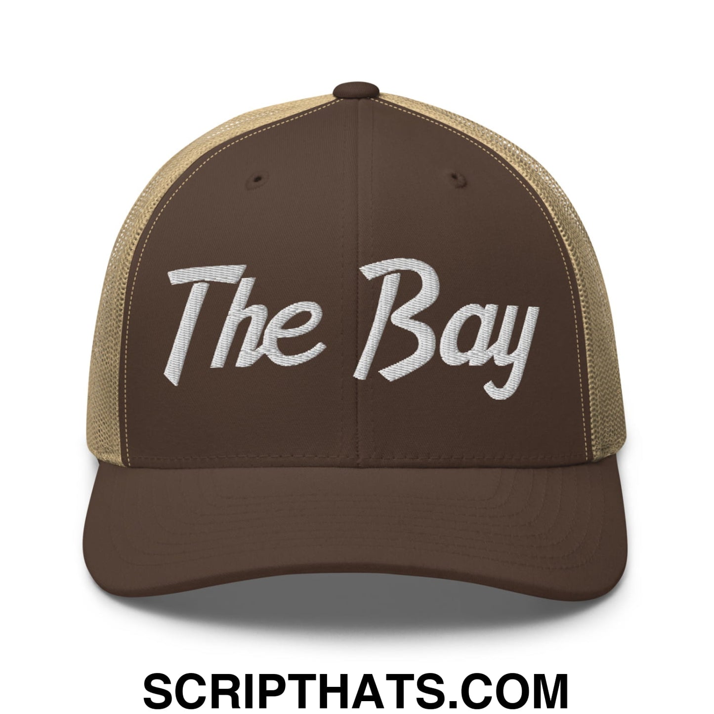 The Bay Vintage Sports Script Embroidered Mesh Trucker Hat Brown Khaki