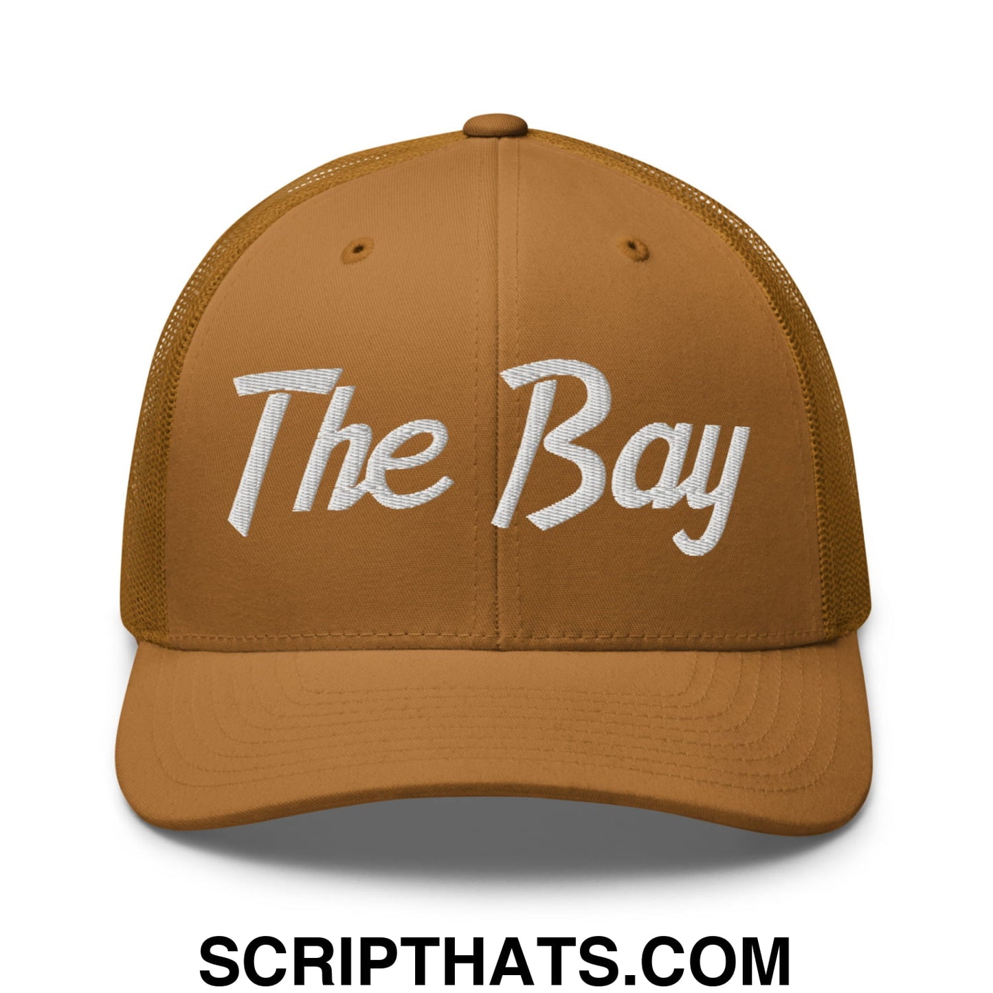 The Bay Vintage Sports Script Embroidered Mesh Trucker Hat Caramel