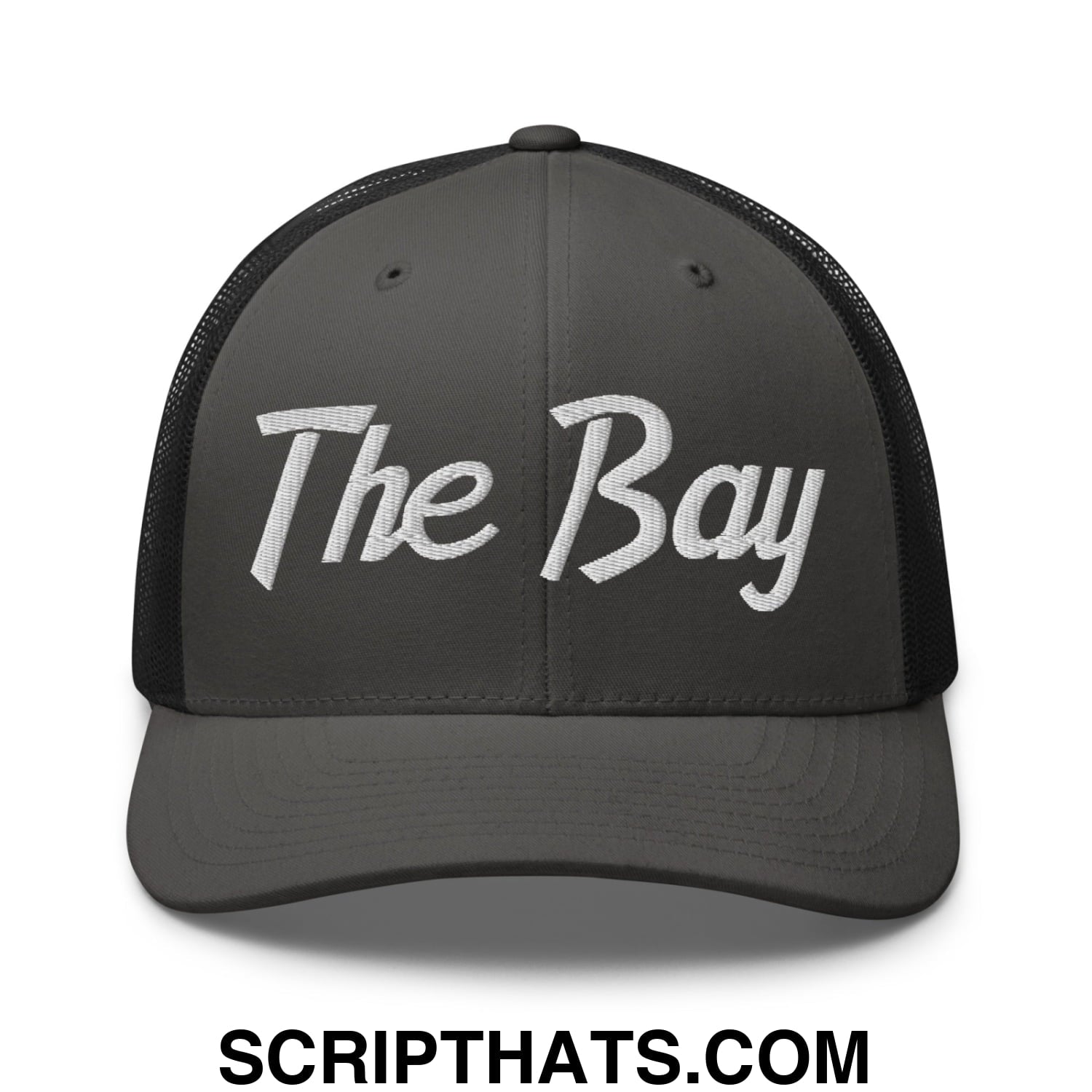 The Bay Vintage Sports Script Embroidered Mesh Trucker Hat Charcoal Black