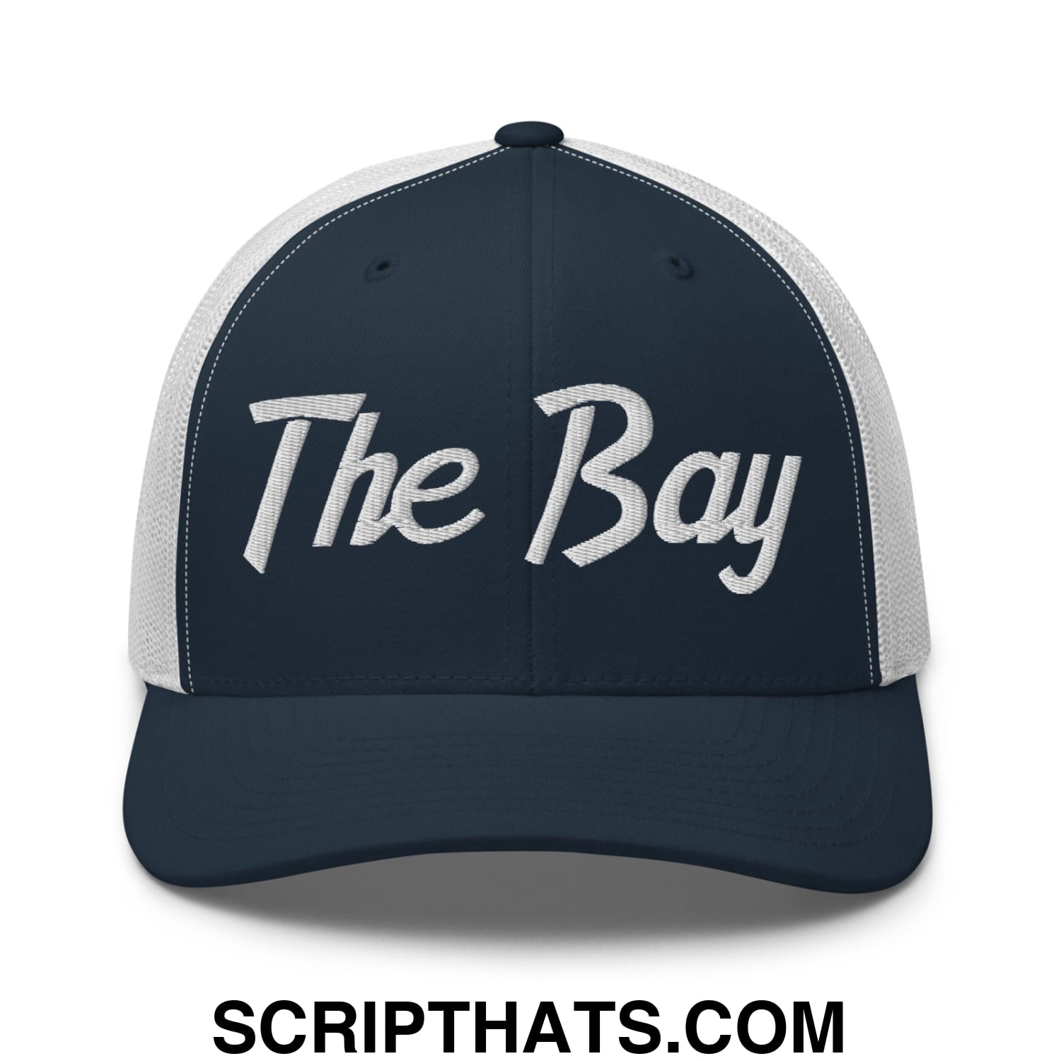 The Bay Vintage Sports Script Embroidered Mesh Trucker Hat Navy White