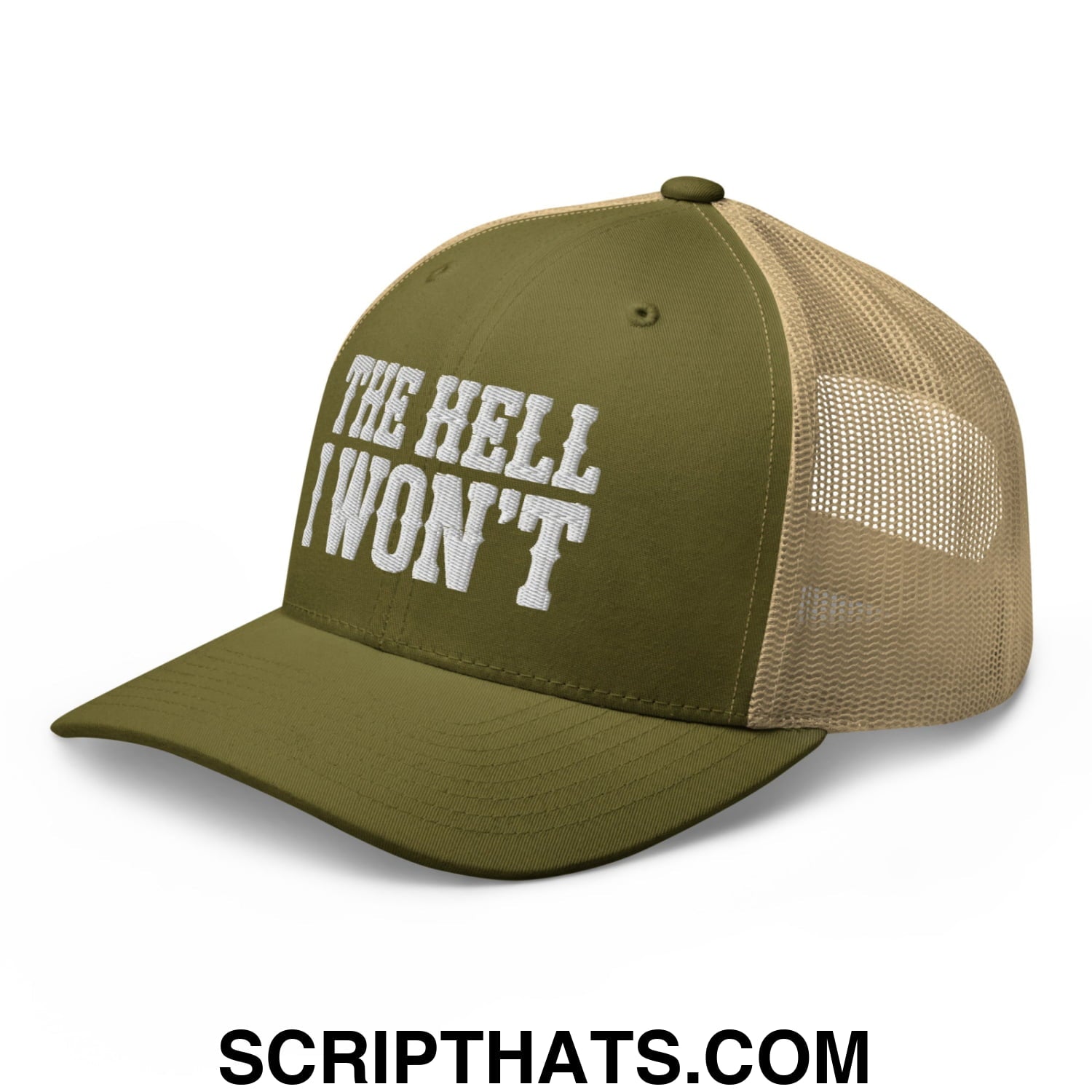 The Hell I Won't Embroidered Mesh Trucker Hat Moss Khaki