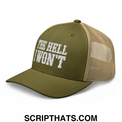 The Hell I Won't Embroidered Mesh Trucker Hat Moss Khaki