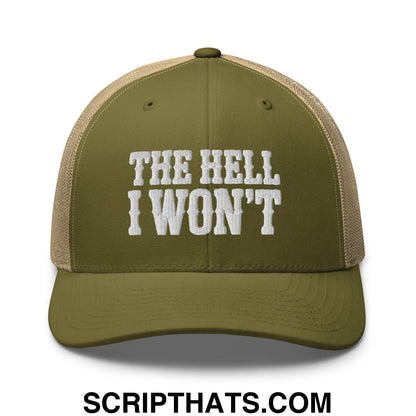 The Hell I Won't Embroidered Mesh Trucker Hat Moss Khaki