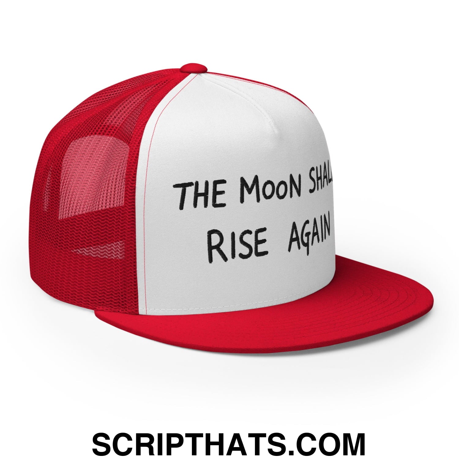 The Moon Shall Rise Again Embroidered Mesh Flat Bill Brim Trucker Hat Default Title