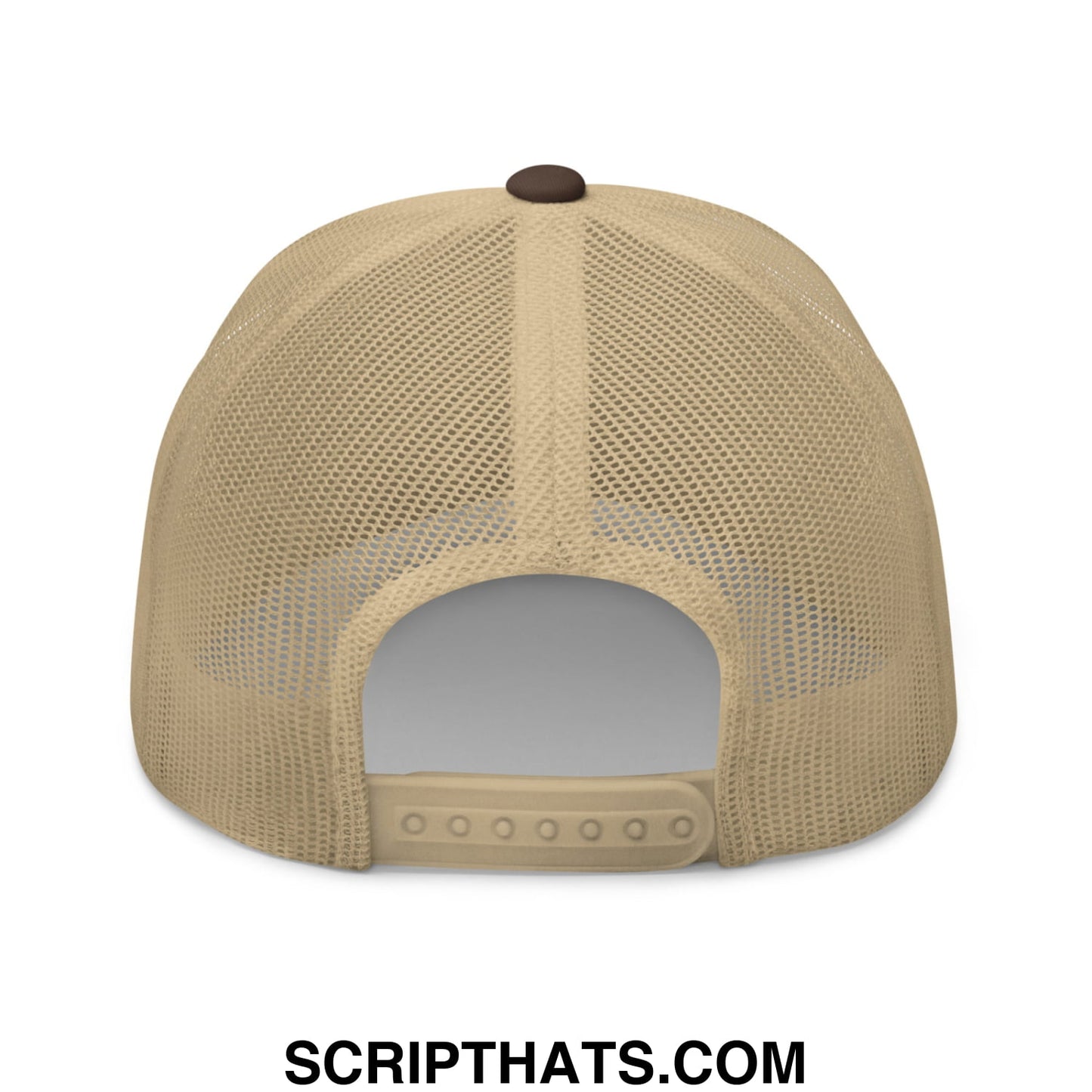 Beige mesh trucker hat with brown button and adjustable strap embroidered with the message the only thing more powerful than hate is love