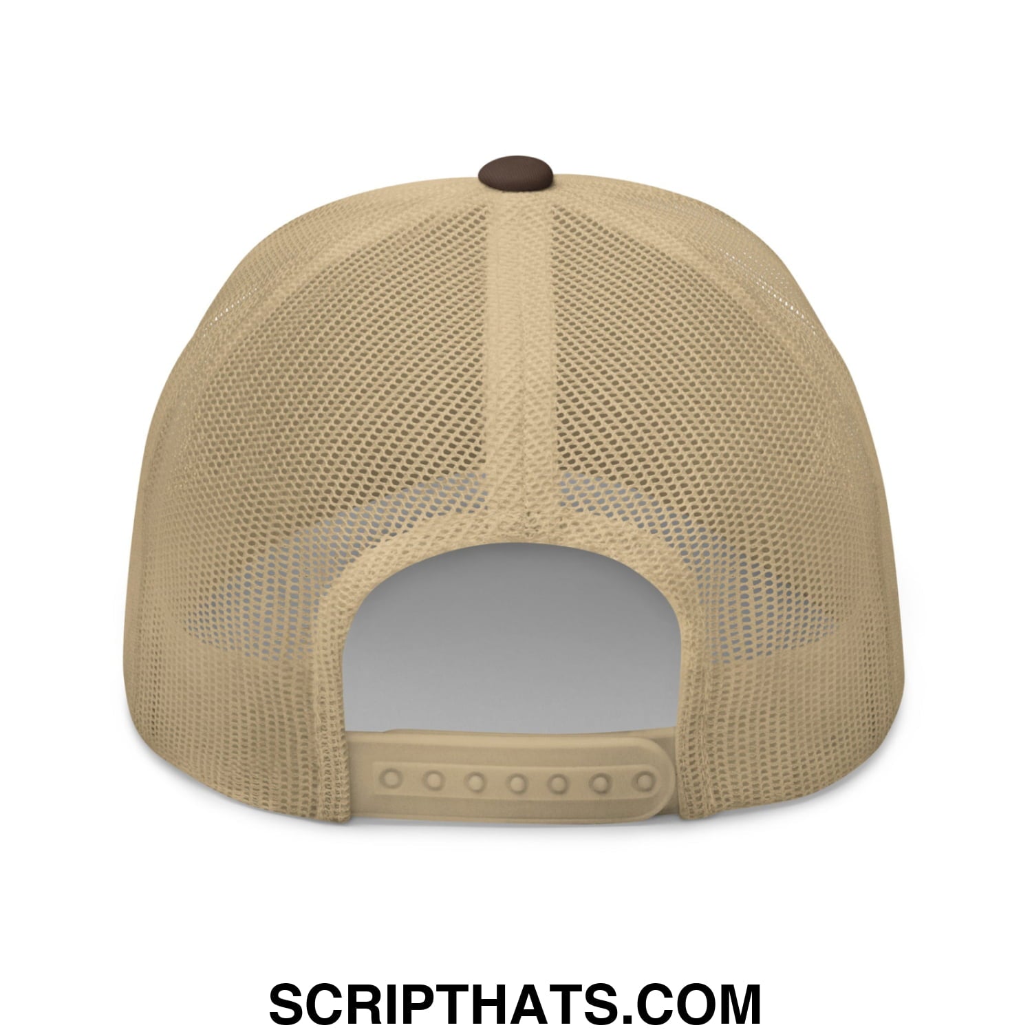 Beige mesh trucker hat with brown button and adjustable strap embroidered with the message the only thing more powerful than hate is love